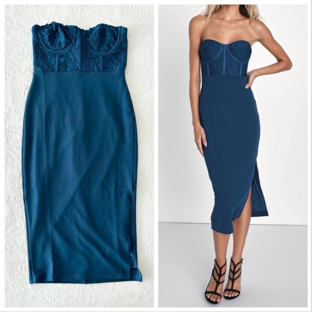 Lulus Passionate Aura Teal Blue Textured Strapless Bustier Midi Dress